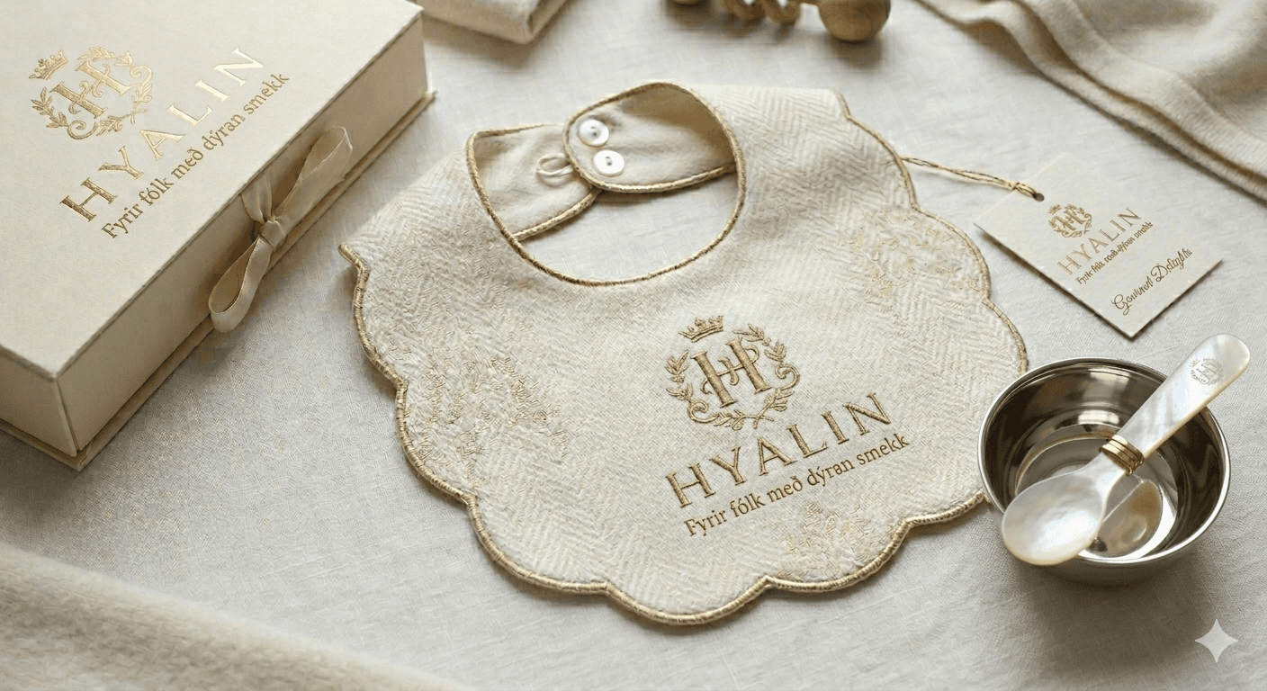 Hyalín nýburagjöf — smekkur, perlumóðurskeið, platínuskál